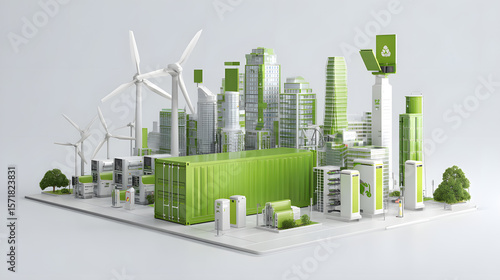 A 3D rendering of a sustainable green city with modern buildings, wind turbines, and eco-friendly infrastructure on a white background.