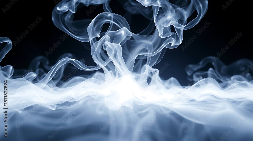 Fototapeta premium Wisps of ethereal blue smoke elegantly swirl and dance against a dark backdrop
