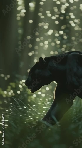 A high-speed cinematic side-on shot of a black panther running quickly through dense rainforest after spotting its prey.
