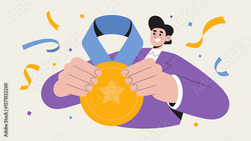businessman holding a gold medal with confetti, vector illustration for celebrating success, employee recognition and achieving first place