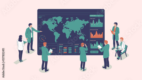 team of scientists analyzing global data on a large screen, isometric vector illustration for clinical trial management, epidemiology research and global health statistics