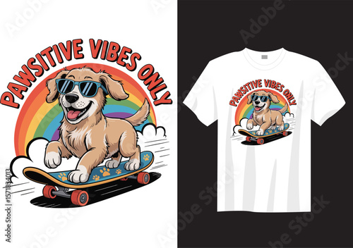 Pawsitive Vibes Only, Cool Skateboarding Dog, vibrant cartoon style illustration T-Shirt 