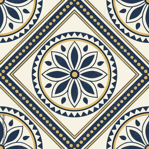 Seamless Moroccan-inspired tile pattern with floral diamond motifs in blue and cream. Perfect for vintage wallpaper, kitchen backsplashes, and luxury textiles.