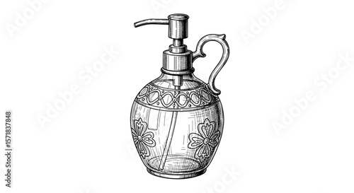  Vintage sketch doodle antique lotion dispenser bottle, black line art, white background