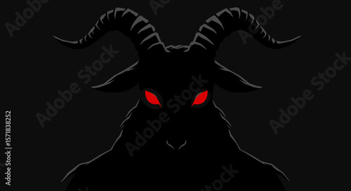Dark goat demon silhouette with glowing red eyes on black background