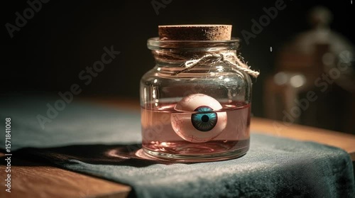 A glass jar contains a fake eyeball submerged in pink liquid. The jar has a cork lid and is placed on a dark surface, creating a spooky Halloween atmosphere.