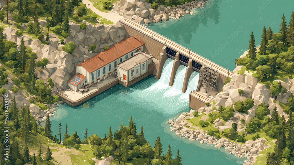 Fototapeta premium Illustration of a hydroelectric dam with water flowing through the spillway.