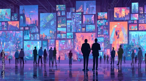 Futuristic gallery showing many colorful urban scenes