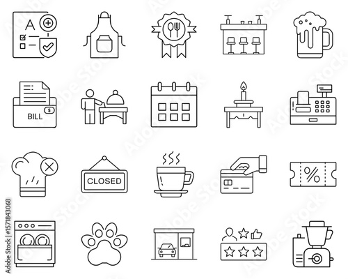 Restaurant services vector icon set featuring dining elements and tools