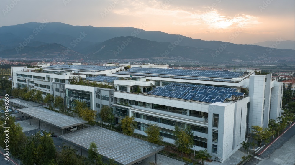 Obraz premium Modern office complex with solar panels