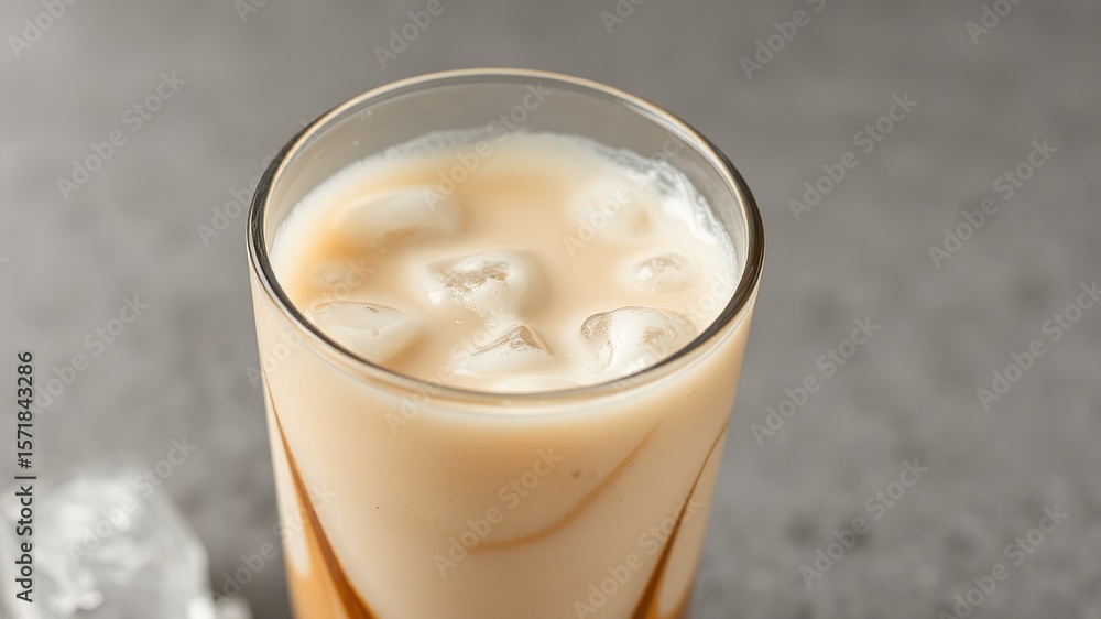 A close up of a tall glass filled with a creamy beverage and ice cubes on a gray textured surface A close up of a tall glass filled with a creamy beverage and ice cubes on a gray textured surface
