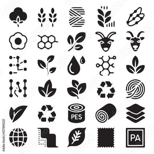 Collection of black icons representing natural fibers sustainable materials chemical structures and textile properties for eco friendly fashion and industry