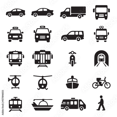 Collection of black transportation icons including cars trucks buses taxis trams helicopters a boat a bicycle a motorcycle and a pedestrian in a clean modern style on a white background