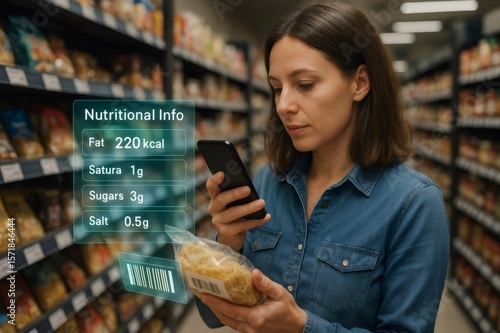 Customer using smartphone to scan barcode of food product and access nutritional information, calories, fat, sugar and salt content, promoting healthy eating habits