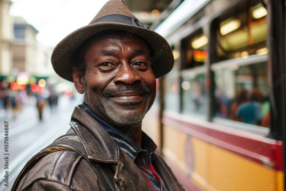 Portrait of a handsome African American man in a hat and leather jacket smiling at the camera while standing in the city street. Portrait of a handsome African American man in a hat and leather jacket smiling at the camera while standing in the city street.
