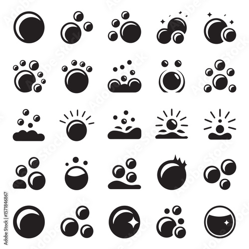 Collection of black and white bubble icons representing various concepts like cleaning freshness and effervescence in a clean and modern graphic design style