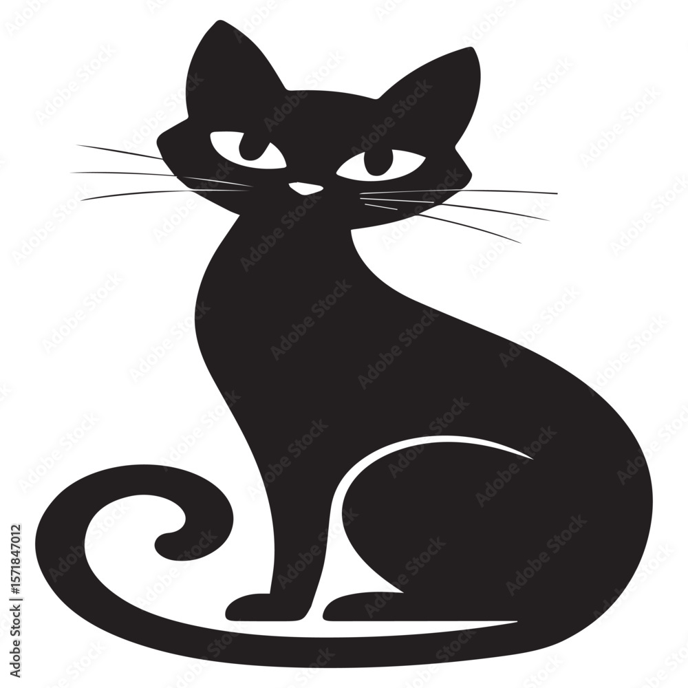 Fototapeta premium A stylized black cat silhouette with a curled tail and piercing green eyes sits elegantly against a white background conveying mystery and charm