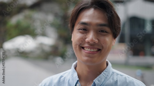 Photography Portrait of a cheerful young professional radiating confidence in a city environ