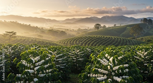 Springtime coffee plantation in bloom in Costa Rica with misty mountains and soft morning light – peaceful scenery, agricultural theme