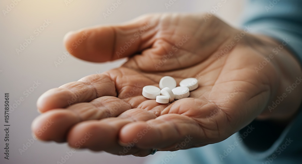 Elderly man's hand holding several white pills, close-up, focus on health, medication and aging. Elderly man's hand holding several white pills, close-up, focus on health, medication and aging.