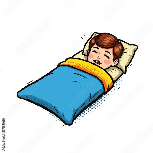 Smiling pop art boy relaxing in blue sleeping bag, isolated on white background, playful 