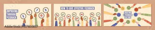 Cartoon feedback and review poster with hands holding rating signs set. Customer survey set illustrates comment, rate, and score concepts. Ideal for banner or satisfaction themes.