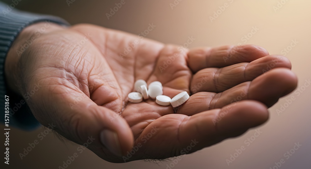 Elderly man's hand holding several white pills, close-up, focus on health, medication and aging. Elderly man's hand holding several white pills, close-up, focus on health, medication and aging.