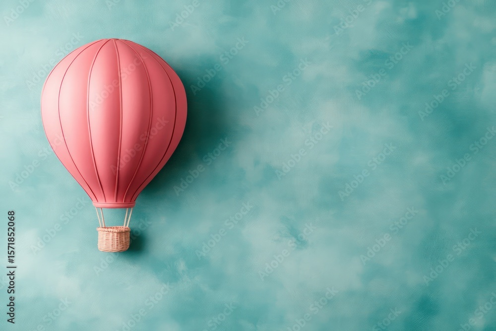 Obraz premium Watercolor painting of pink hot air balloon flying across blue sky dotted with fluffy clouds 