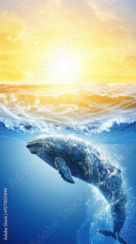 World Environment Day, Majestic Whale Emerging From Vibrant Ocean Waves Under Golden Sunrise