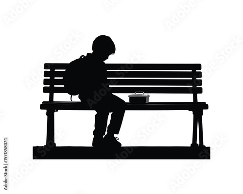 Sad Child Sitting on Bench with Lunchbox, Loneliness and Isolation Silhouette Vector