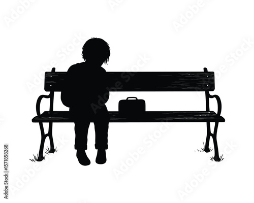 Sad Child Sitting on Bench with Lunchbox, Loneliness and Isolation Silhouette Vector