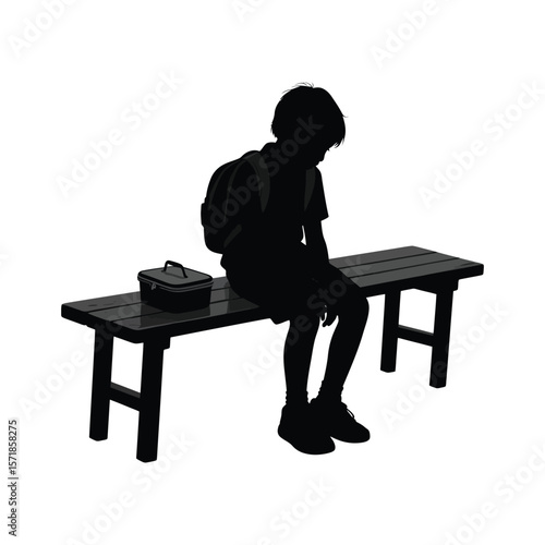 Sad Child Sitting on Bench with Lunchbox, Loneliness and Isolation Silhouette Vector