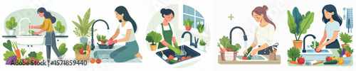 vector character of woman washing vegetables