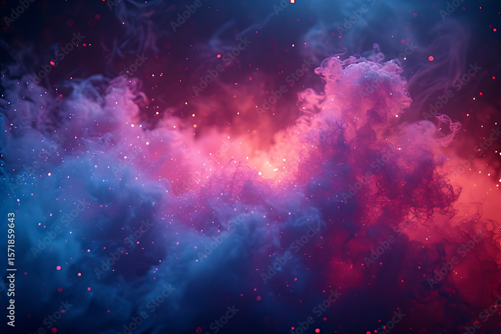 Naklejka premium A cosmic dance of purple and blue nebula clouds illuminated by a radiant orange and red glow creates a breathtaking space vista