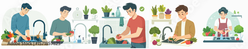 vector character of young man washing vegetables