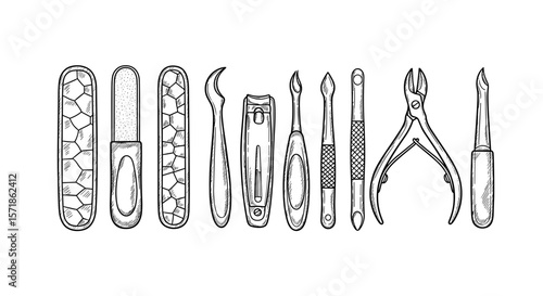  Vintage sketch doodle retro manicure set with nail files and clippers