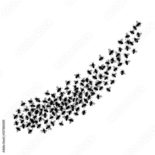 Swarm of Minimalist Black Fly Silhouettes Representing Insects and Natural Movement in Simple Graphic Form
