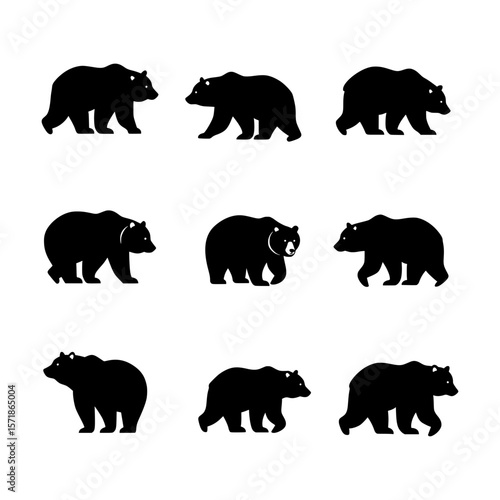 Diverse Collection of Minimalist Black Bear Silhouettes Representing Wildlife and Nature in Simple Graphic Forms