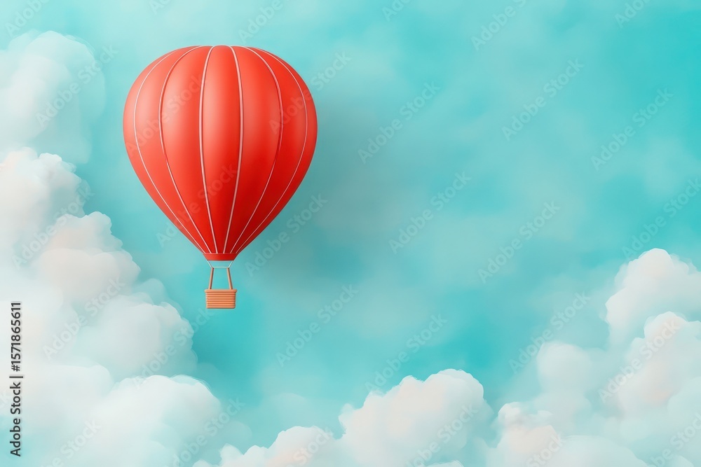 Fototapeta premium Watercolor painting of red hot air balloon flying across blue sky dotted with clouds, copy space 