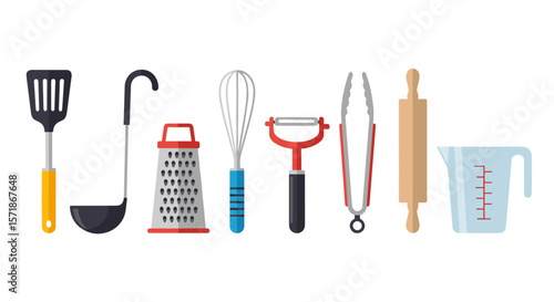 Illustration of kitchen utensils including a spatula ladle grater whisk peeler tongs and more tools