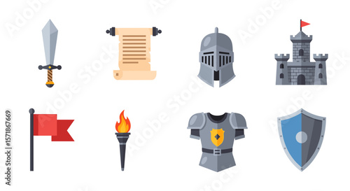 Illustration of medieval themed items including a sword, scroll, helmet, and castle tower