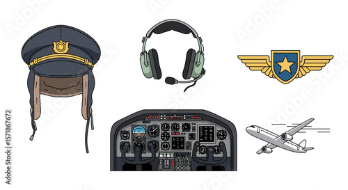 Illustration of pilot's hat, headset, badge, airplane dashboard, and flying airplane icon design