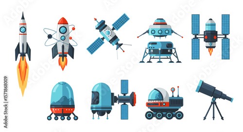 Illustration showcasing various space exploration vehicles including rockets satellites and rovers