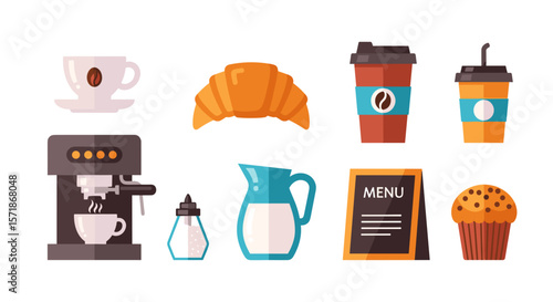 Illustration of coffee shop items including coffee maker, pastry, and menu board arranged neatly