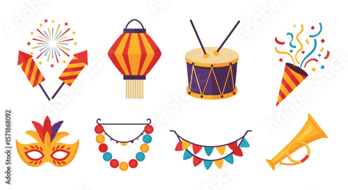 Illustration showcasing festive elements including fireworks, lantern, drum, confetti, and mask