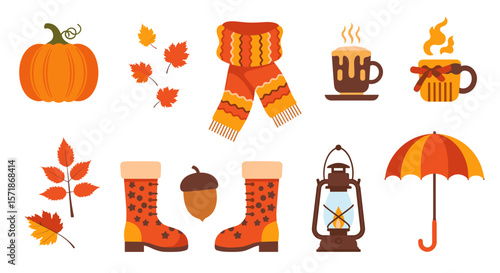 Illustration of autumn themed items including a pumpkin scarf boots and hot beverages mug
