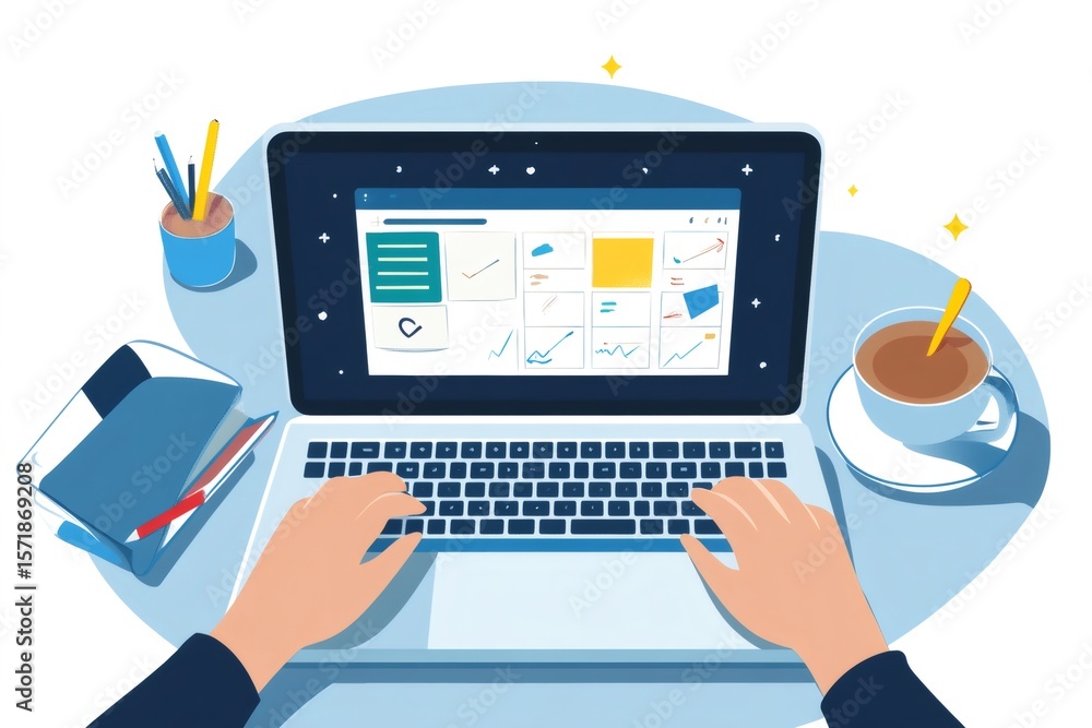 Office worker managing projects and scheduling tasks using a project management software on a laptop, with a cup of coffee and a notebook nearby Office worker managing projects and scheduling tasks using a project management software on a laptop, with a cup of coffee and a notebook nearby