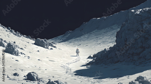 Astronaut traversing a lunar landscape, shadowed craters and rocky terrain.