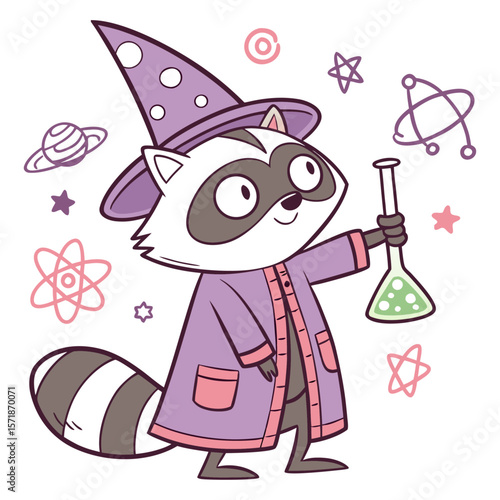 Cute Raccoon Scientist in Wizard Hat Holding Potion Beaker Cartoon Vector Character Illustration for Kids Book Sticker T Shirt Design