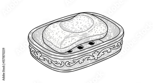  Vintage sketch doodle retro soap dish with soap bar, black engraving style